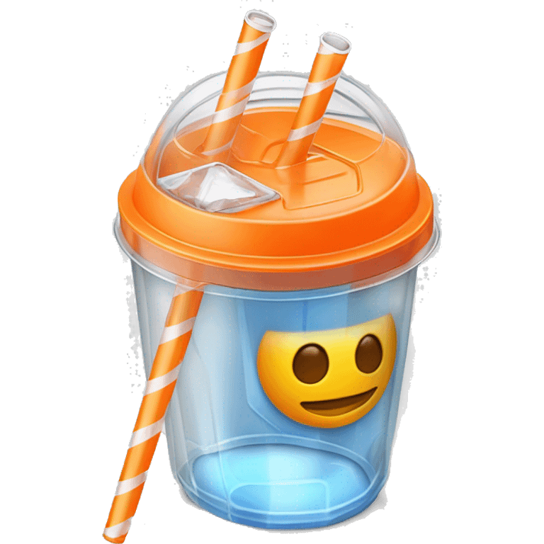 Realistic plastic cup and lid with Transluscent orange soda and large ice cubes inside and one straw through the top of the lid. emoji