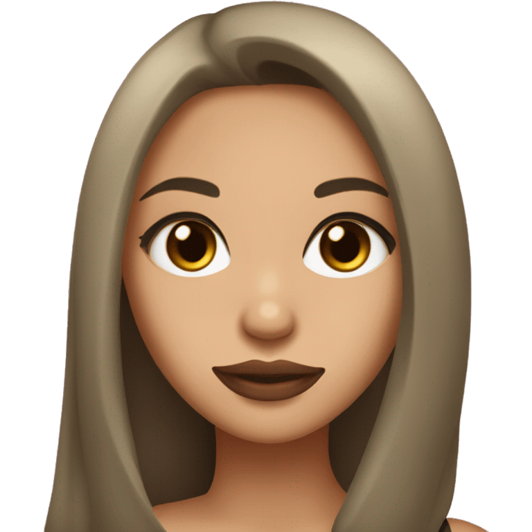 girl She has brown eyes, long dark hair, straight and styled. She has an olive skin tone and wears black clothing, which contrasts with her fair complexion. pink lips emoji