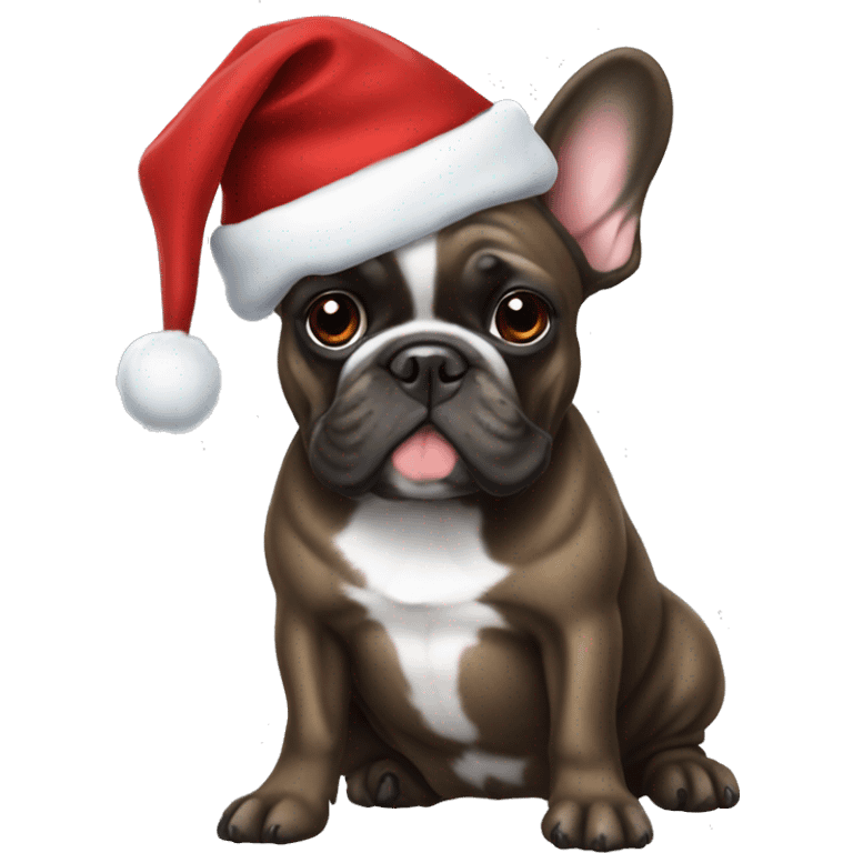 Brindle french bulldog wearing a Christmas hat emoji