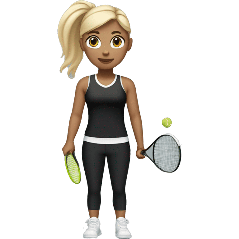 full length blonde girl with straight hair while playing tennis in black top and black leggings, I need a racket and balls  emoji