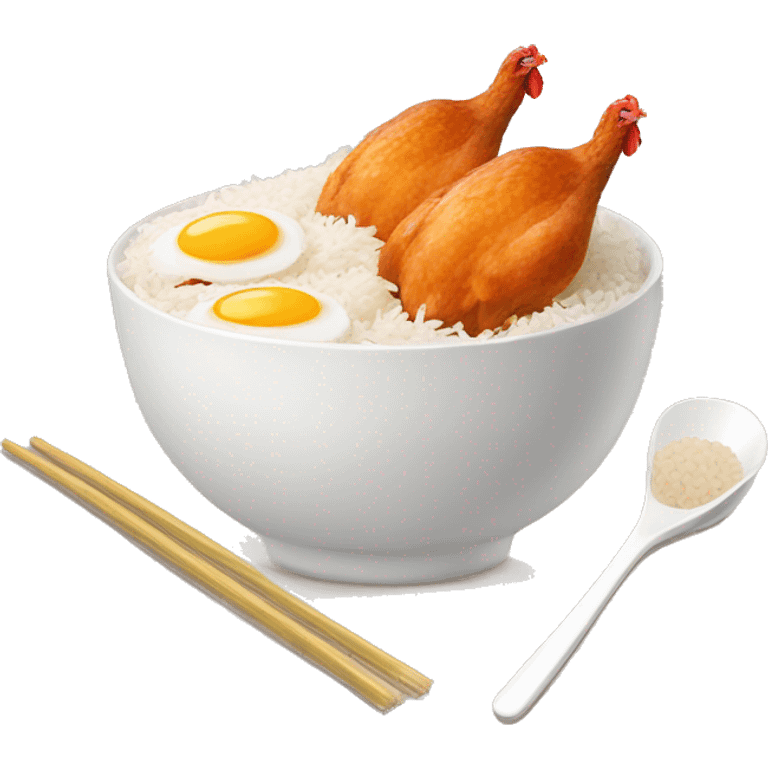 a bowl of rice with two eggs and two chicken drumstick on top emoji