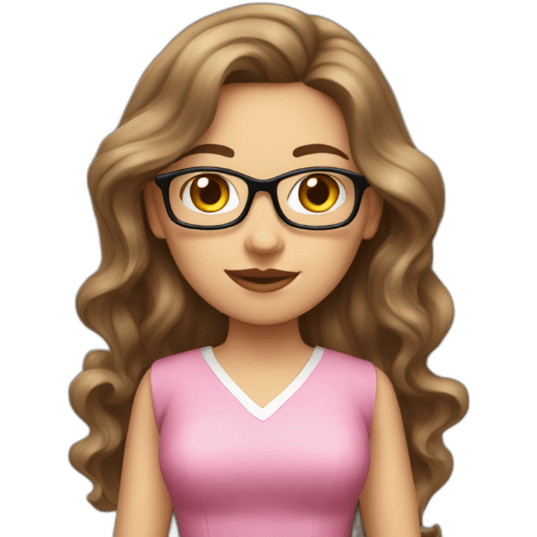 brunette wavy long hair nerd girl, wearing a pink dress, pink mouth emoji