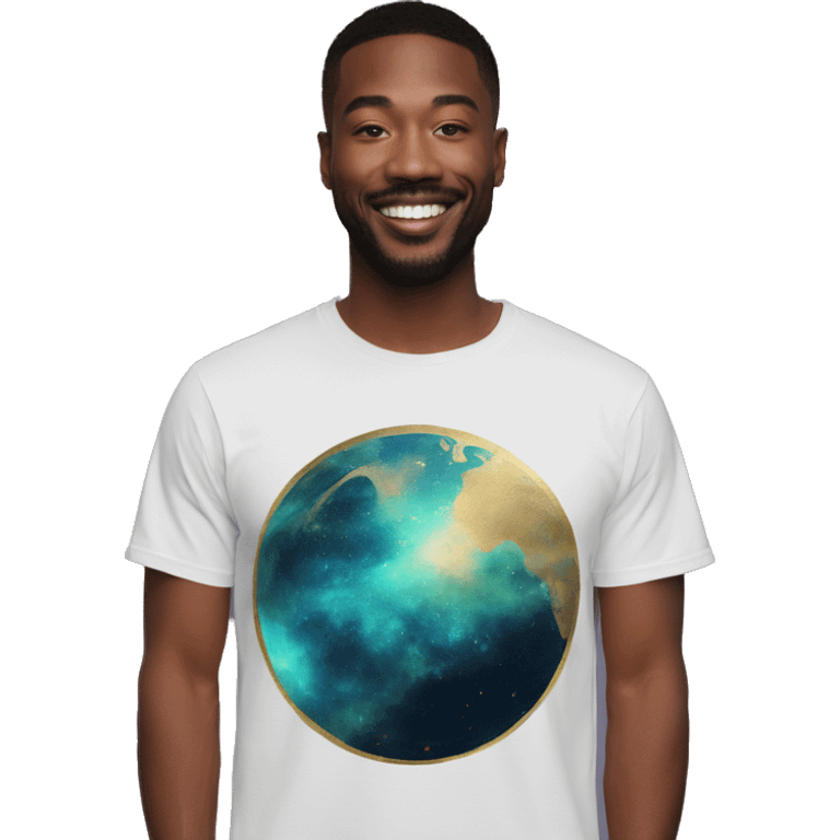 Person wearing T shirt with vintage gilded earth on it and nebulas t shirt emoji