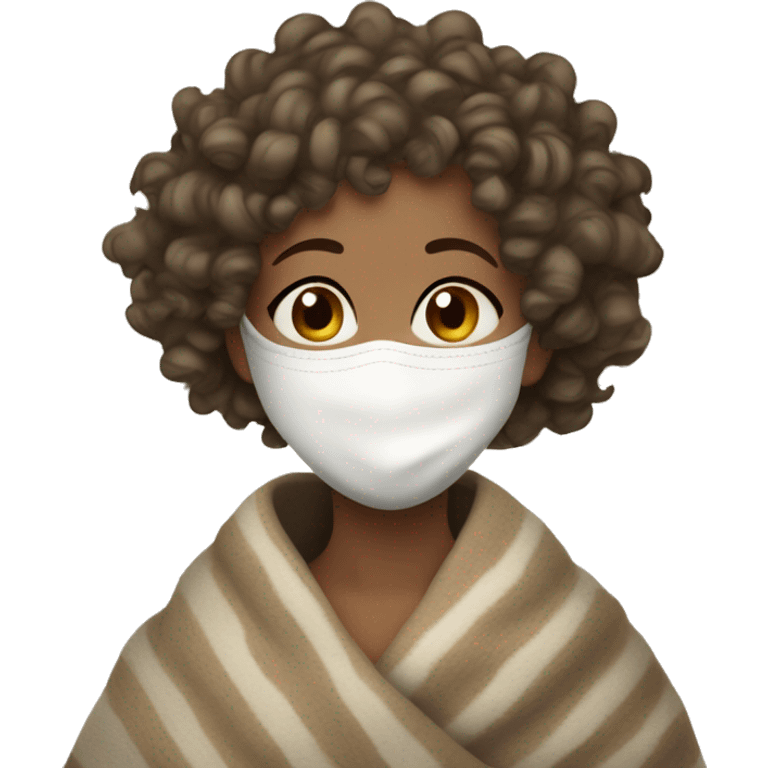 a light-skin girl with curly hair wrapped in a blanket with a cup of tea and a white facial mask on emoji