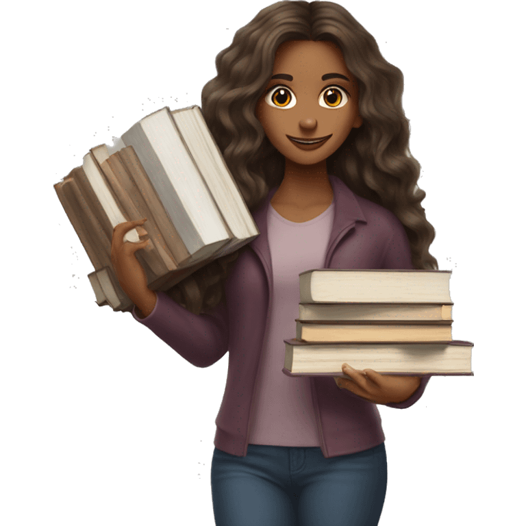 brunette long wavy hair highlights woman while holding large stack of books emoji