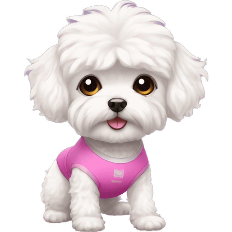 White maltipoo in a yoga outfit with a yoga mat  emoji