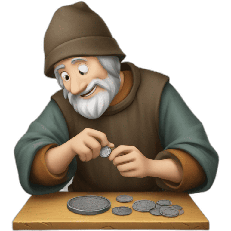 old and experience coin engraver apprentice yielding a coin, medieval age emoji