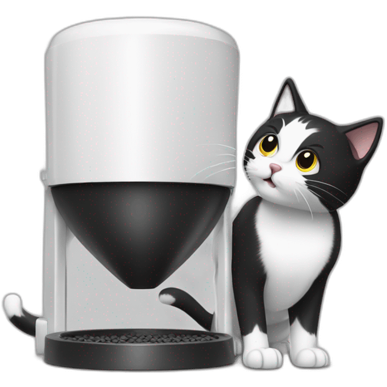 A black and white cat fighting with a pet feeder white machine emoji