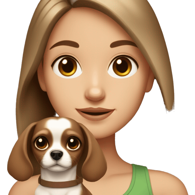 White girl with dark brown hair and middle part in her hair holding tan and brown chihuahua emoji