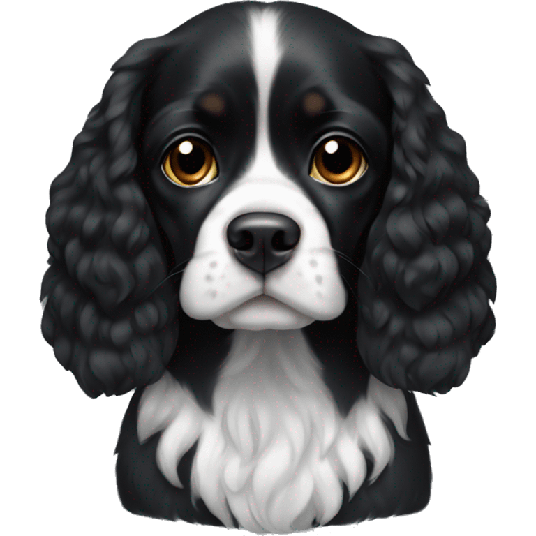 Small completely black king spaniel with black fur on face and white stripe on chest emoji