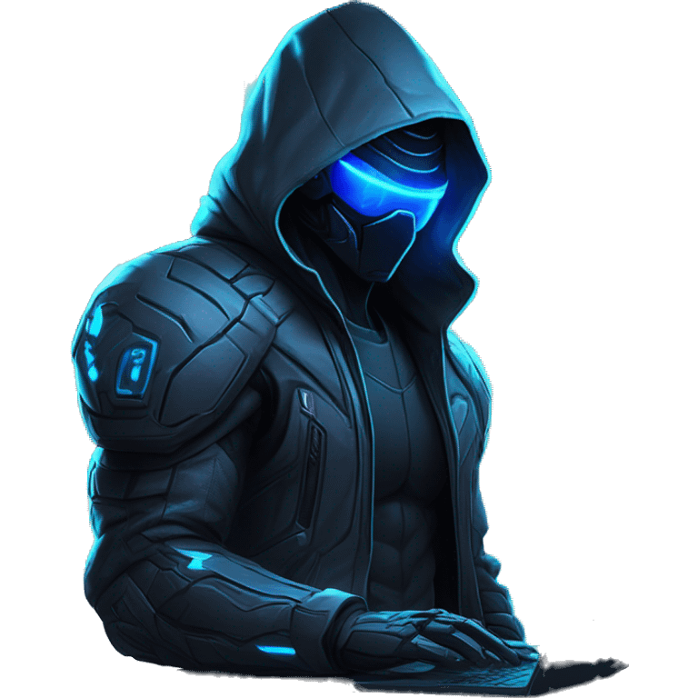 Hacker behind his laptop with this style : crysis Cyberpunk Valorant neon glowing bright blue character blue black hooded assassin themed character emoji