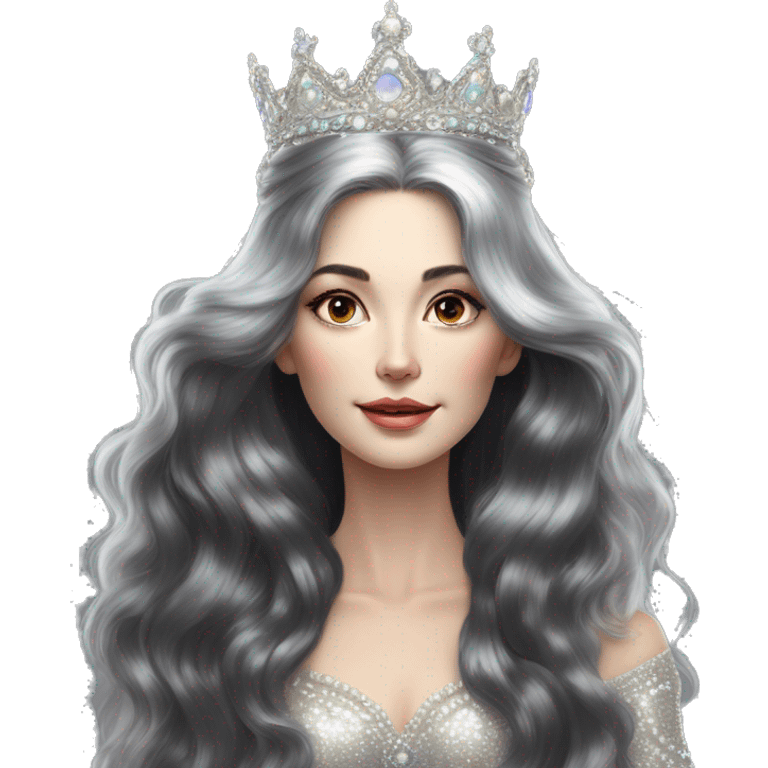 Regal pretty slender middle age woman photograph defined cheekbones high cheekbones crown vintage with very long iridescent black and silver hair wavy long hair pearl crown iridescent emoji