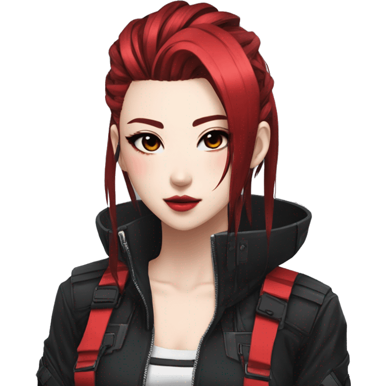 Gorgeous techwear anime style lady with blushing face aesthetic and pretty edgy black red punk hair with hair garment and collar  and harness trending style emoji