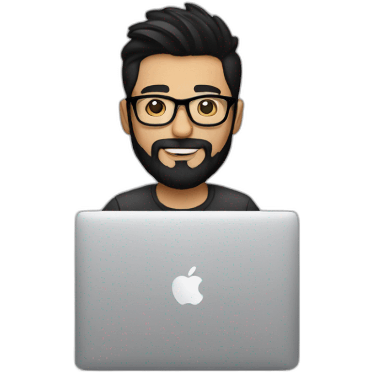 Designer with black hair, beard and glasses working with MacBook and drinking cappuccino  emoji