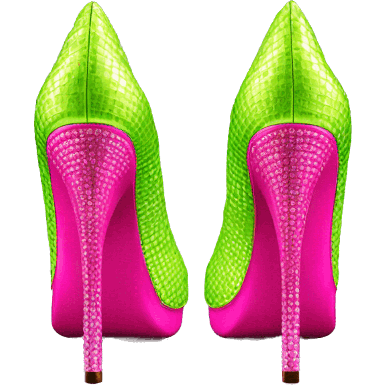 Realistic isolated top view of a pair of hot pink to lime green diamond pointed toe high heel shoes. emoji