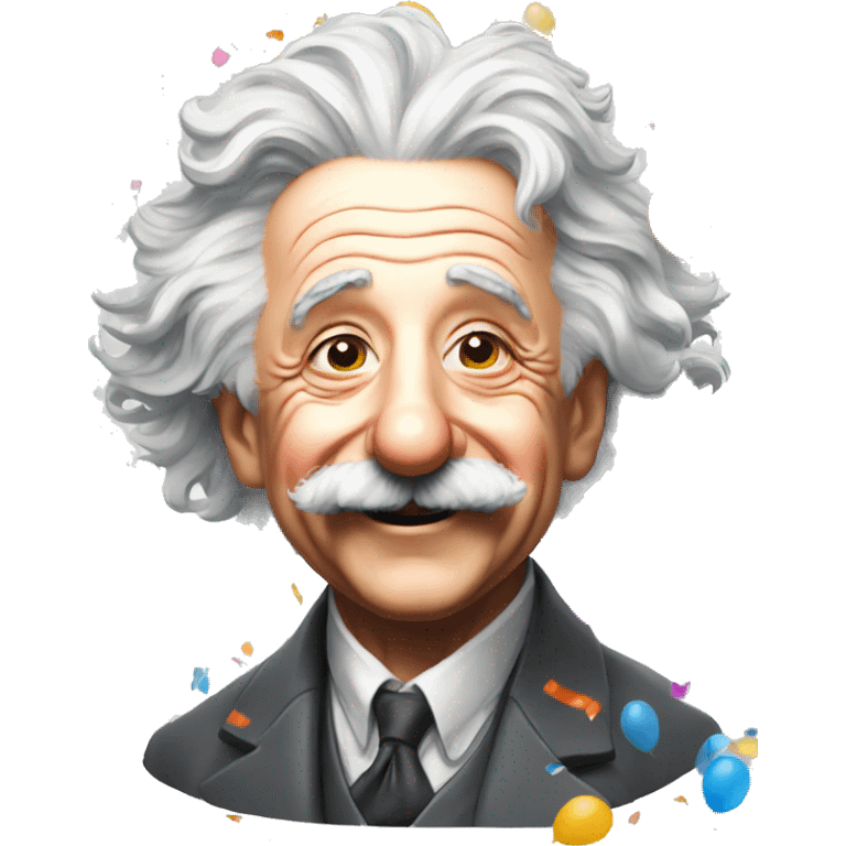 happy albert einstein with lots of colourful confetti and party balloons emoji