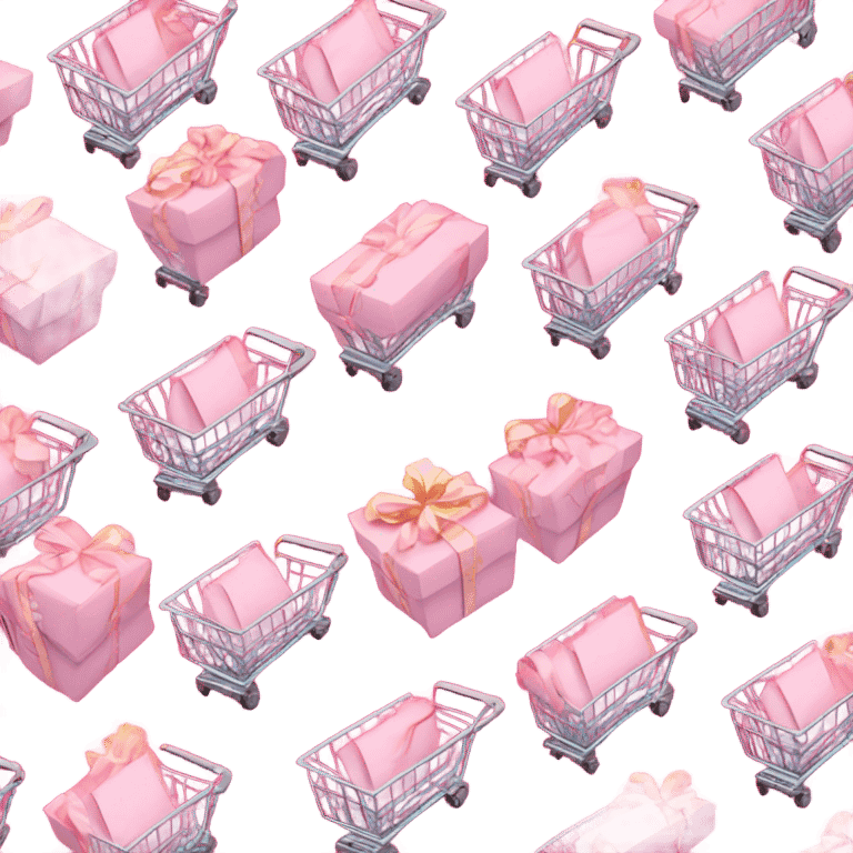 shopping cart wrapped in Christmas lights  full of light pink gift bags emoji