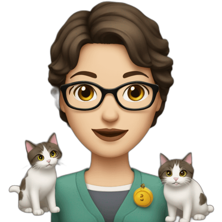 short-haired brunette librarian whit cats emoji