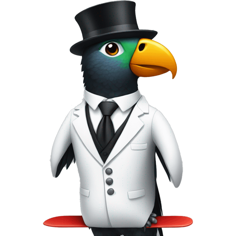 Snowboarding parrot who is wearing a black suit with a white tie emoji