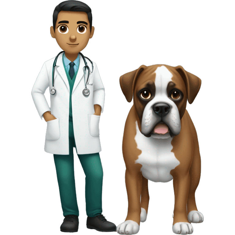 Young Mexican doctor with big black boxer dog with white face emoji