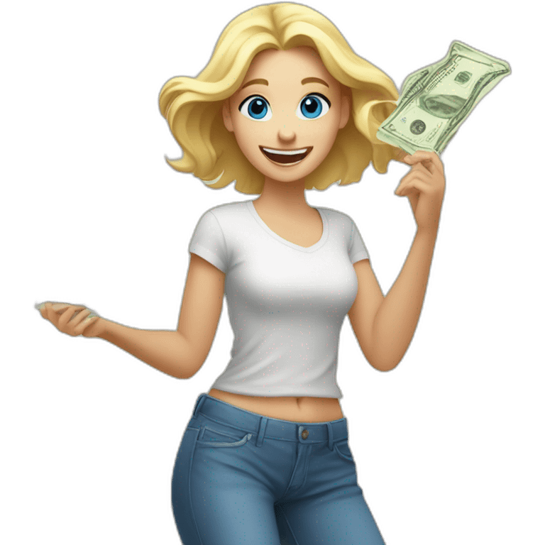 blonde girl with blue eyes rejoices and dances while holding money in her hands emoji