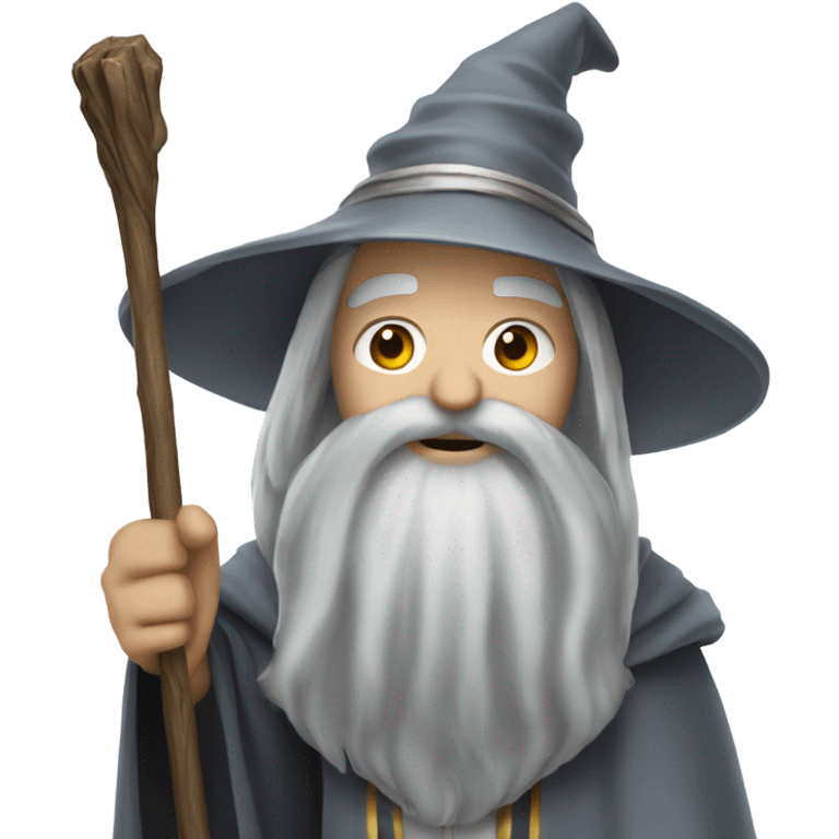 Wizard with long grey beard and silver and grey robes, holding a wooden stick  emoji