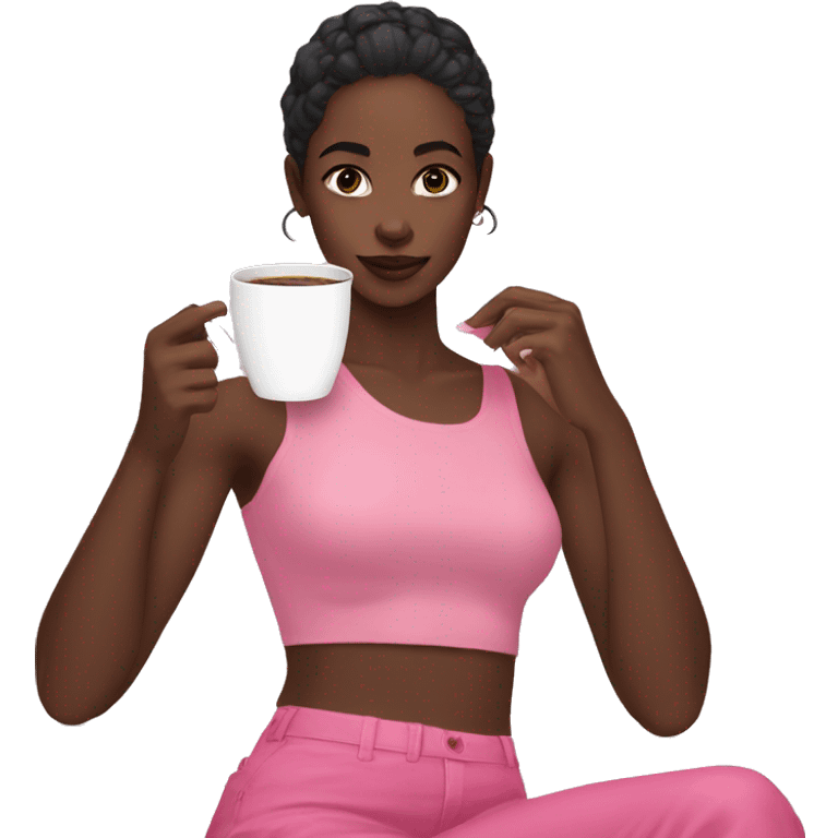 Young aesthetic black gilrl with pink clothes drinking coffee  emoji