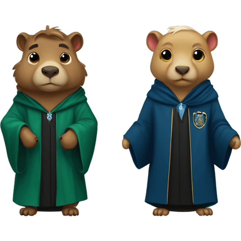 2 capybaras one with ravenclaw robe and the other with Slytherin robe emoji