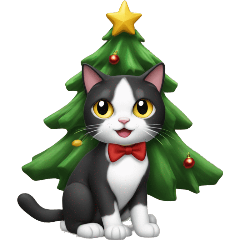 tuxedo cat knocking off Christmas tree emoji