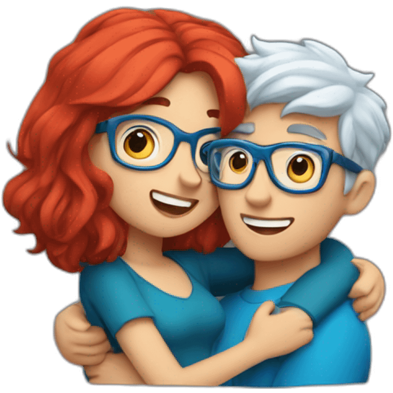 a boy with silver hair and a curvy girl with red hair and blue glasses hugging emoji