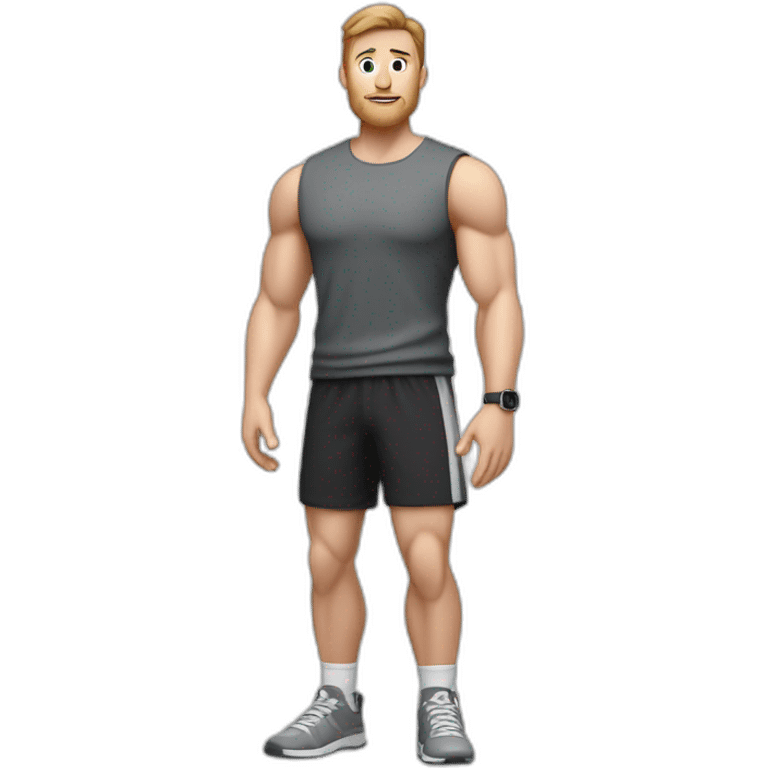 Full height Actively gesturing with hands Pale skinned Fit Man With the biceps and brown hair in dark gray Sleeveless Mike, black oversize sports shorts, watch and white Sneakers emoji