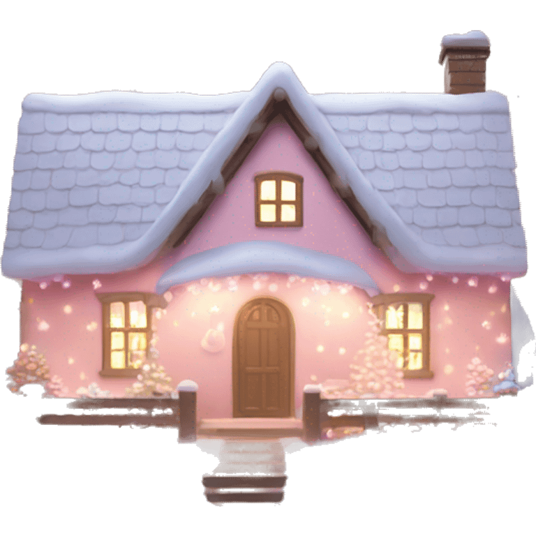 Snowy cottage with pretty light pink Christmas lights  emoji