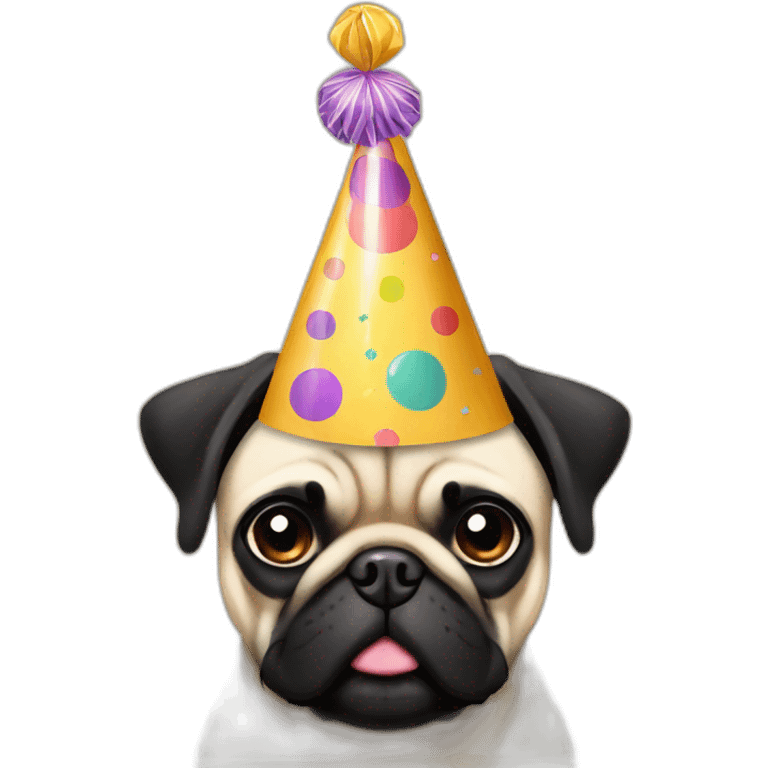 pug and black pug wearing birthday hat emoji