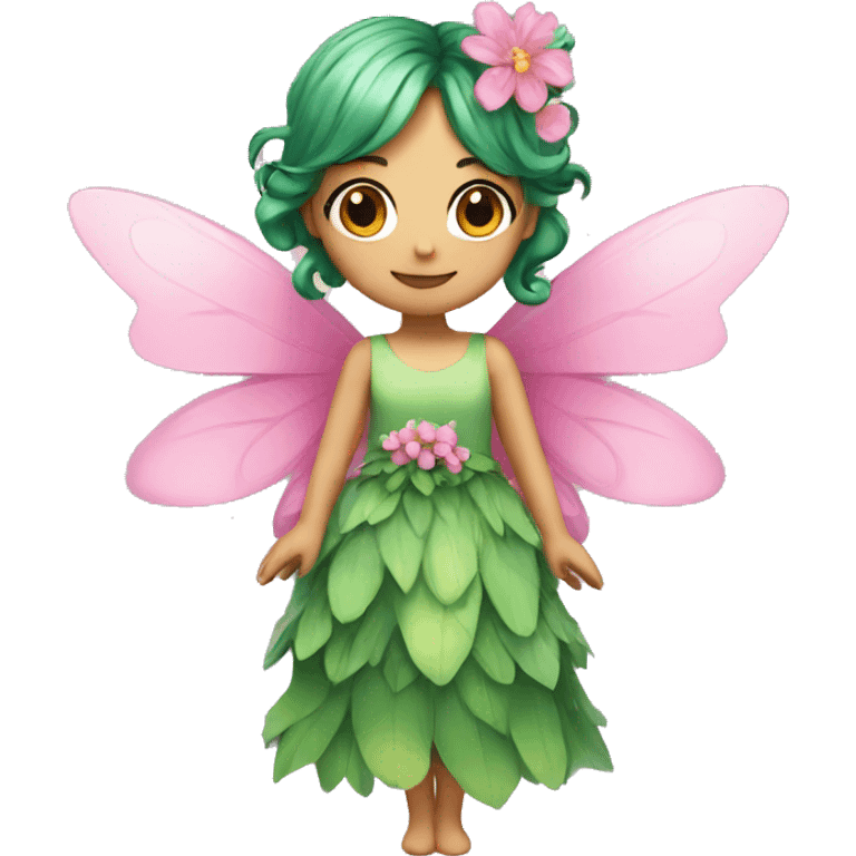 A fairy, green hair, wings, pink dress with flowers  emoji