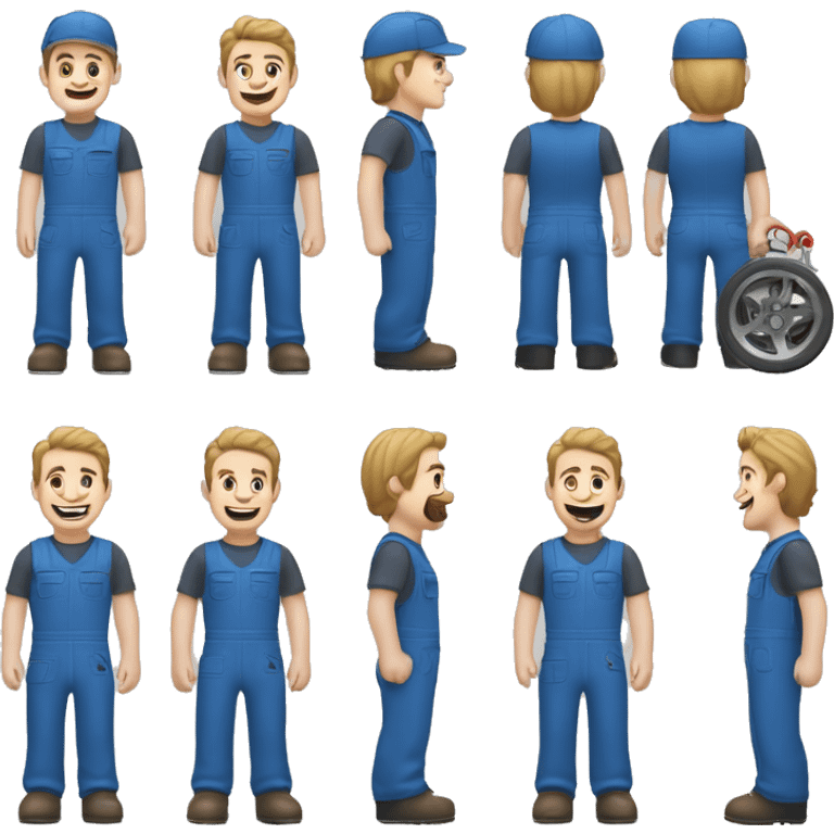 car mechanic, pale skin, happy, dark straight hair. Wearing blue full legth arm coveralls  emoji