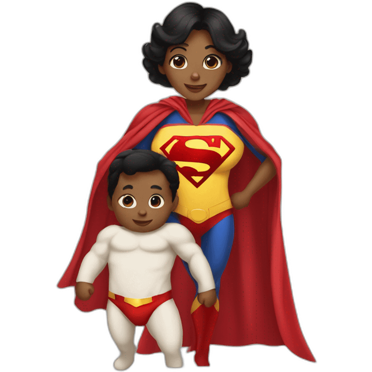 mother dressed as Superman with a cape holding a baby emoji