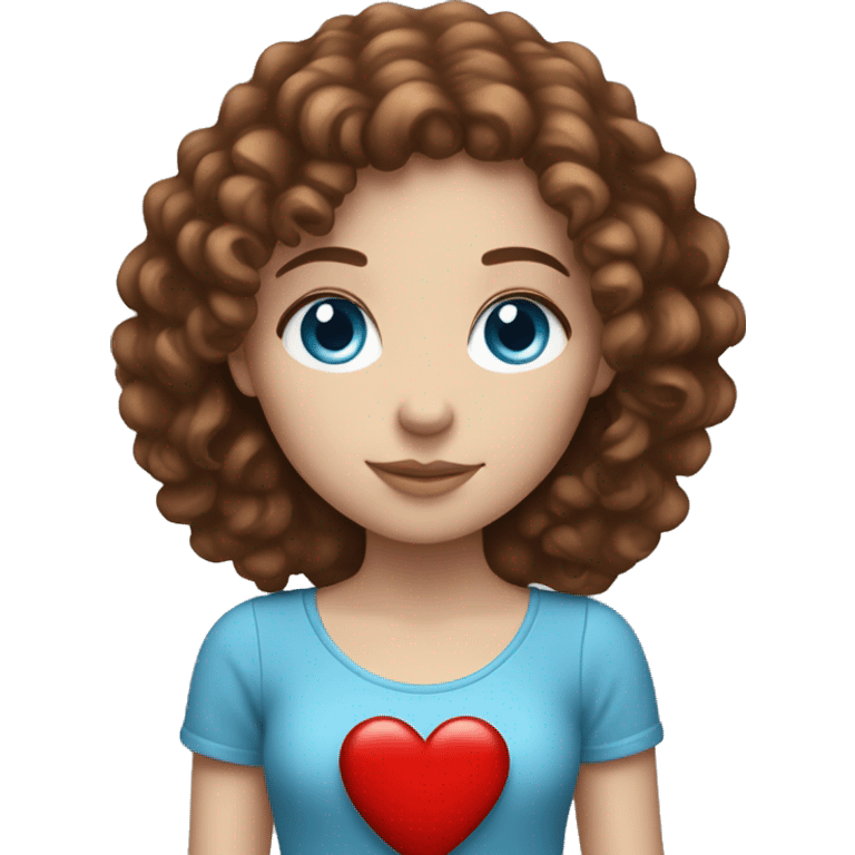 A white girl with blue eyes and brown curly hair holding a red heart emoji