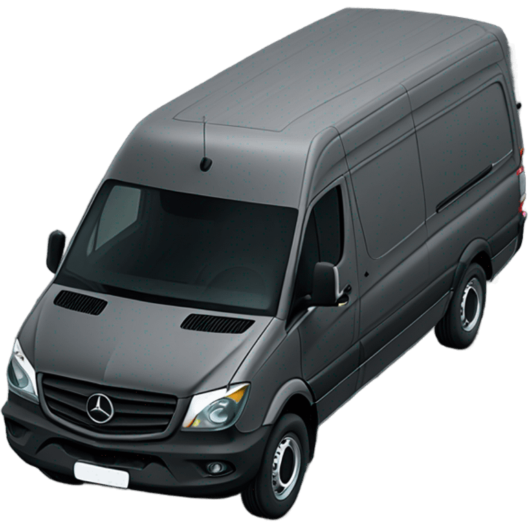 Diagonal view Dark grey Mercedes sprinter van with two round circle headlights that are yellow  emoji