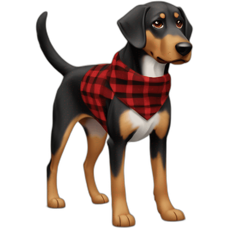 adult 75% Coonhound 25% German Shepherd mix dog with visible tail wearing small pointed red buffalo plaid bandana full body walking left quickly emoji