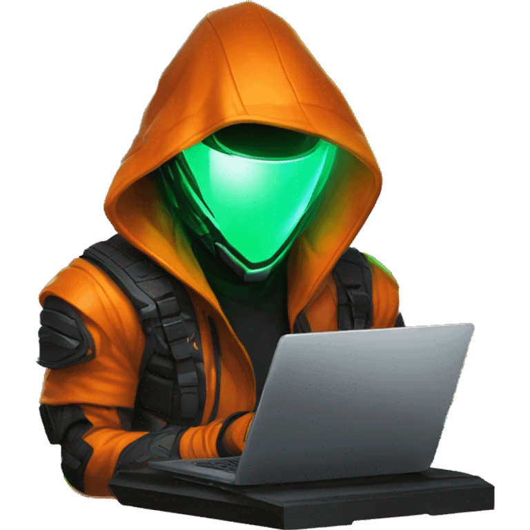 Side view developer behind his laptop with this style : crysis Cyberpunk Valorant orange glowing bright orange character green black hooded assassin themed character emoji