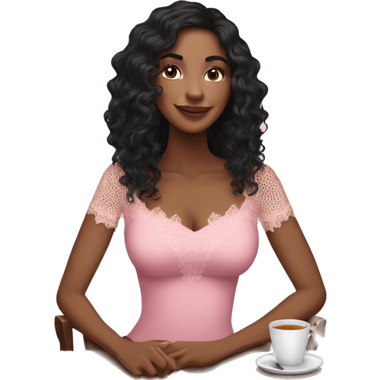 pretty light brown woman with long black curly mid length hair drinking tea wearing pink lace top emoji