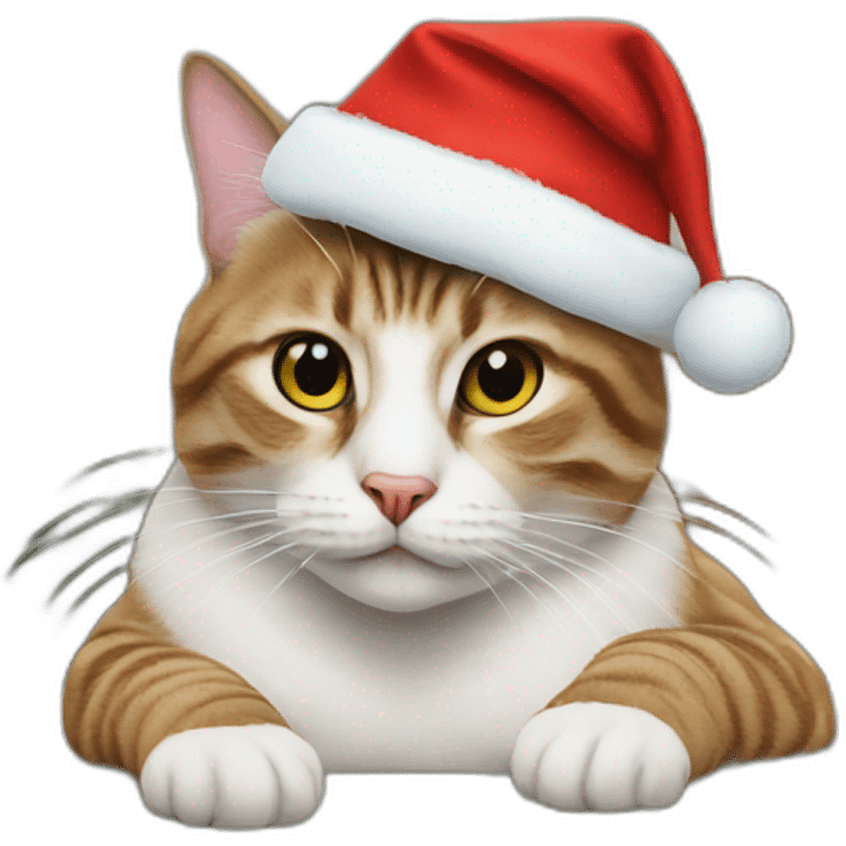 cat in Christmas hat on table emoji