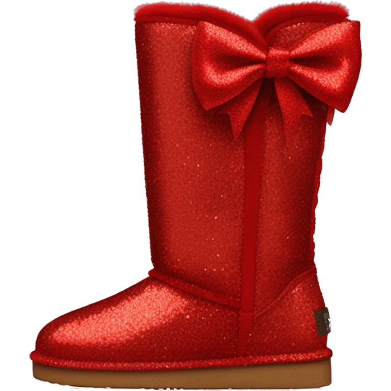 Pair of red glitter Ugg fur boots with red silk ribbon bows. emoji