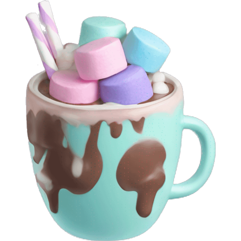 A hot chocolate with pink blue and mint  and pastel purple marshmallows  emoji