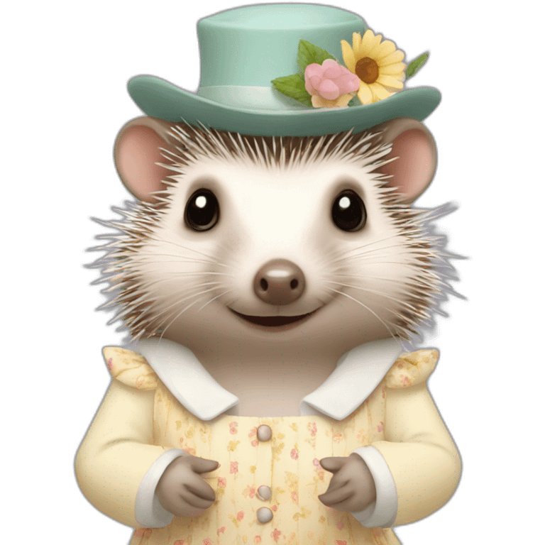 Hedgehog wearing a tea dress and a hat emoji