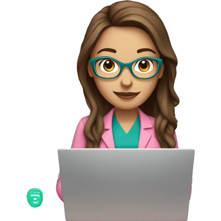 Female coding teacher featuring a laptop. She has long brunette hair, green eyes, fair skin, teal eye glasses and a pink feminine shirt emoji