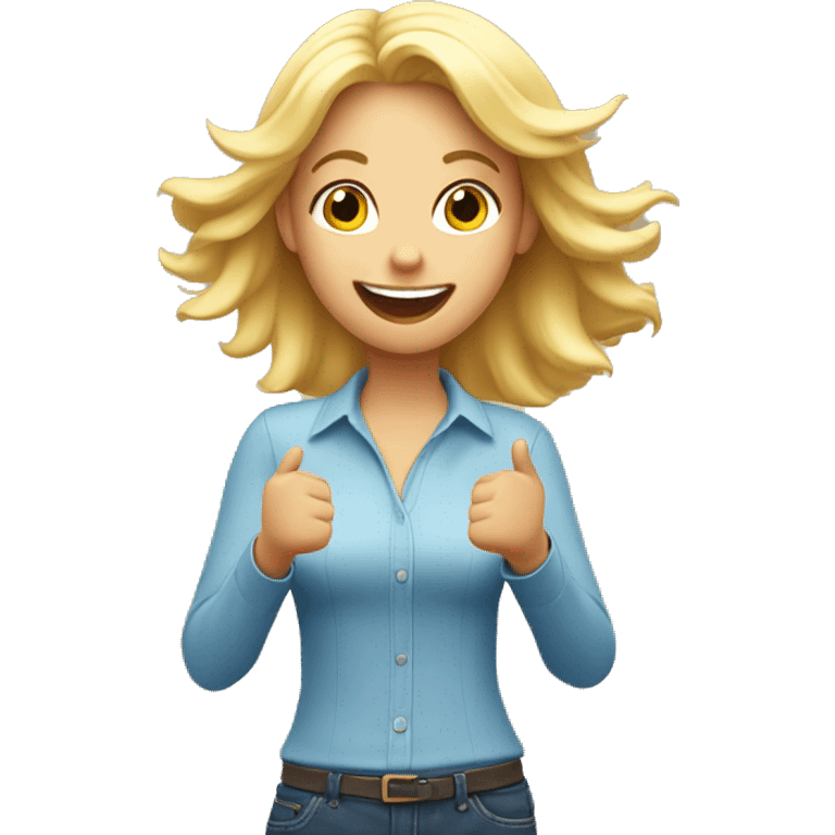 Blonde girl with hands in the air, open palms hand, happy, excited. Above waist only. emoji