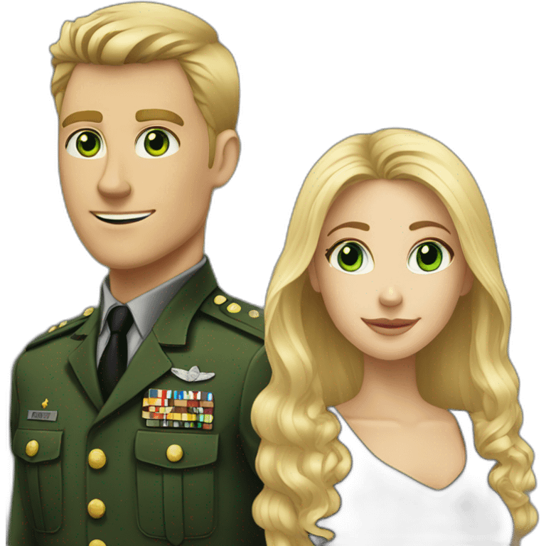 Military blond guy and green eyes blond long hair girl in black dress emoji