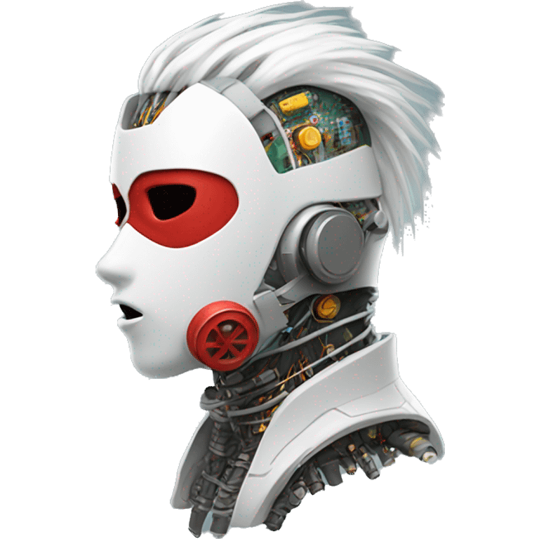 White Mohawk female cyborg head with red respirator mask and circuits emoji