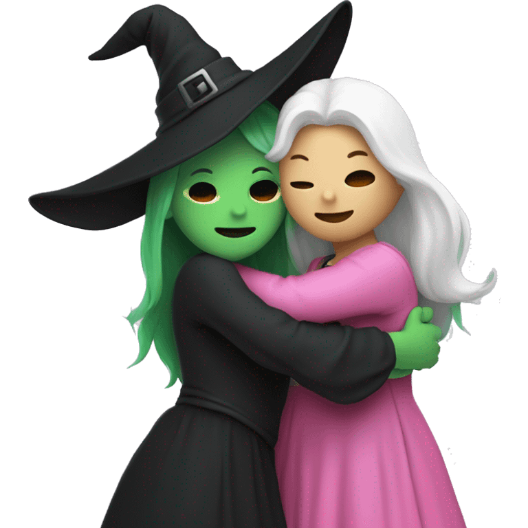 Witch dressed in black with green skin hugging pink dressed white witch emoji